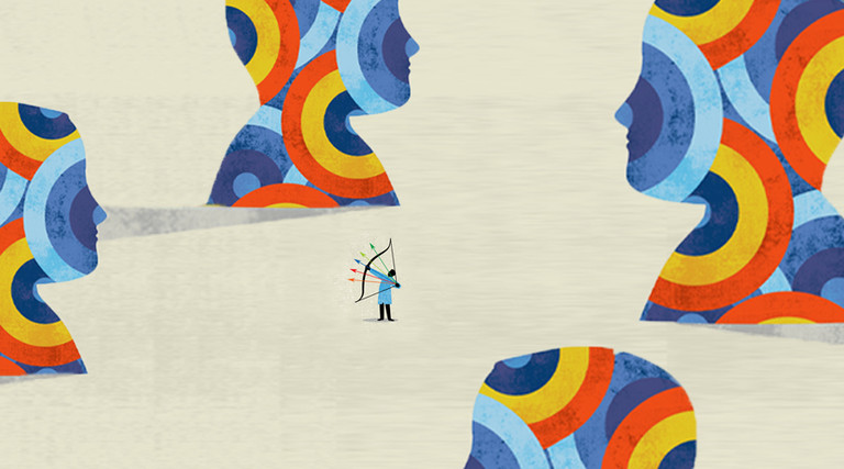 small person with bow and five arrows aims at large silhouettes with targets